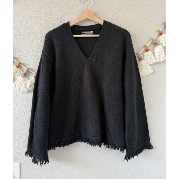 Anthropologie Sweaters - By Anthropologie Wool Blend Knit Black V-neck Fringe Flare Sleeve Sweater Top S